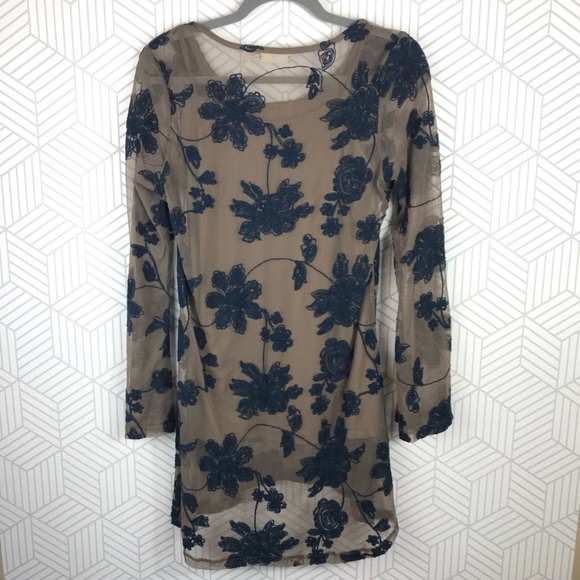 Tan/navy floral embroidered dress - Picture 2 of 2